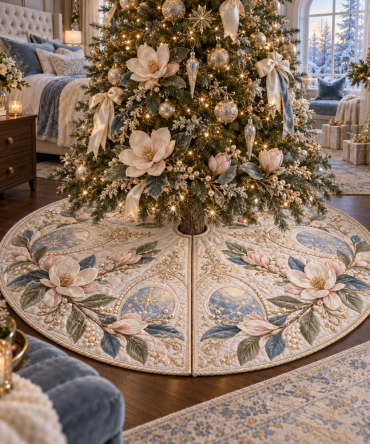 Moonstone Magnolia Bedroom Tree Skirt - Serene Shimmer Holiday Base With Soft Plush Fabric For Bedrooms And Tranquil Spaces