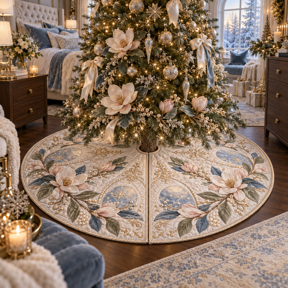 Moonstone Magnolia Bedroom Tree Skirt - Serene Shimmer Holiday Base With Soft Plush Fabric For Bedrooms And Tranquil Spaces