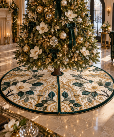 Gilded Magnolia Atrium Tree Skirt - Luxe Gold-Accent Holiday Base With Regal Embroidery For Grand Entrances And Atriums