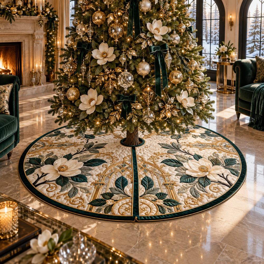 Gilded Magnolia Atrium Tree Skirt - Luxe Gold-Accent Holiday Base With Regal Embroidery For Grand Entrances And Atriums