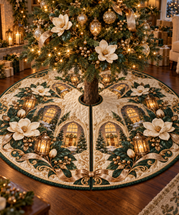 Hearthlight Magnolia Welcome Tree Skirt - Housewarming Holiday Base With Warm Embroidery And Reversible Velvet For Family Gatherings