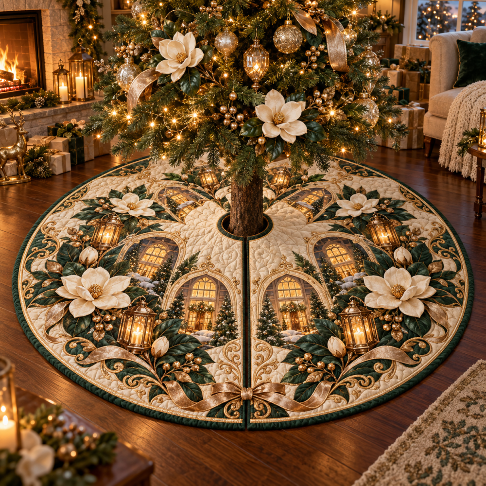 Hearthlight Magnolia Welcome Tree Skirt - Housewarming Holiday Base With Warm Embroidery And Reversible Velvet For Family Gatherings
