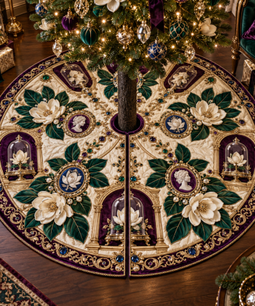 Magnolia Jewel Cabinet-Inspired Christmas Tree Skirt - Bejeweled Festive Base With Ornamental Trim For Elegant Holiday Displays