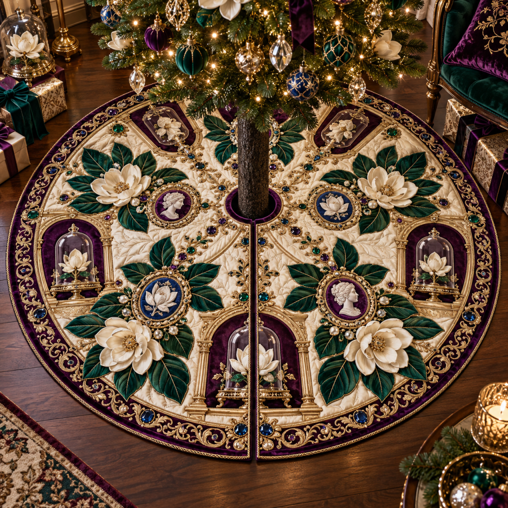 Magnolia Jewel Cabinet-Inspired Christmas Tree Skirt - Bejeweled Festive Base With Ornamental Trim For Elegant Holiday Displays