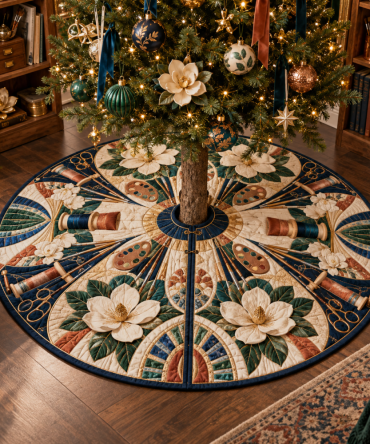 Artisan Magnolia Maker Christmas Tree Skirt - Studio-Style Holiday Base With Tailored Stitching For Creative Spaces & Gifts