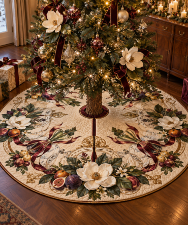 Magnolia Gratitude Holiday Tree Skirt - Festive Feast-Themed Base With Rich Embroidery For Dining Room & Seasonal Gatherings