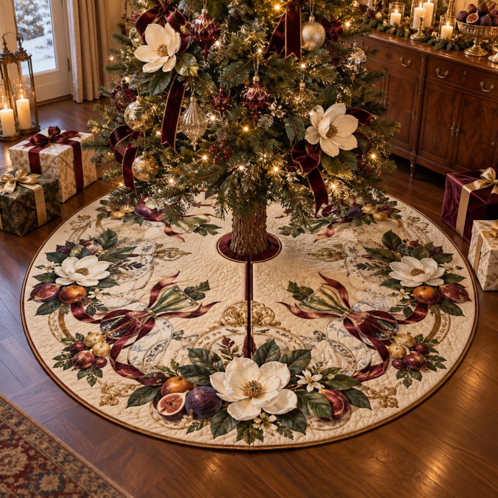 Magnolia Gratitude Holiday Tree Skirt - Festive Feast-Themed Base With Rich Embroidery For Dining Room & Seasonal Gatherings