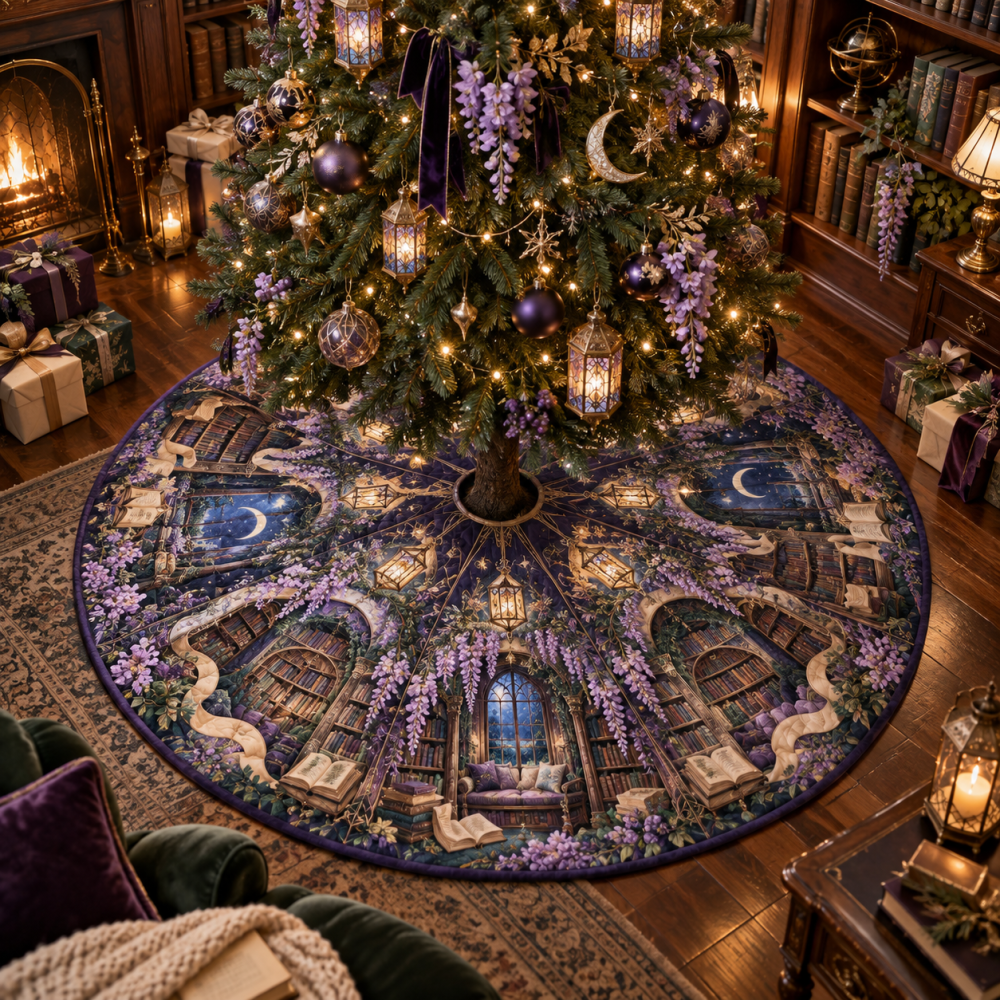Wisteria Lantern-Inspired Christmas Tree Skirt - Classic Library Style Holiday Base With Quilted Detail For Living Spaces