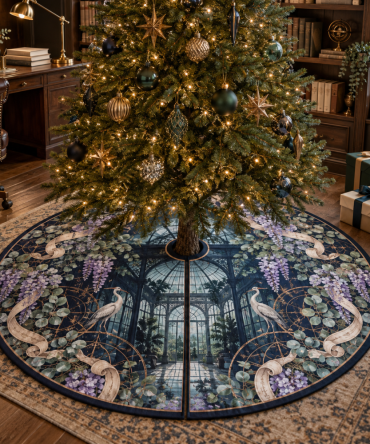 Wisteria Glasshouse Study Premium Tree Skirt — Botanical Glasshouse Christmas Tree Skirt With Detailed Print, Soft Felt, Durable Stitching