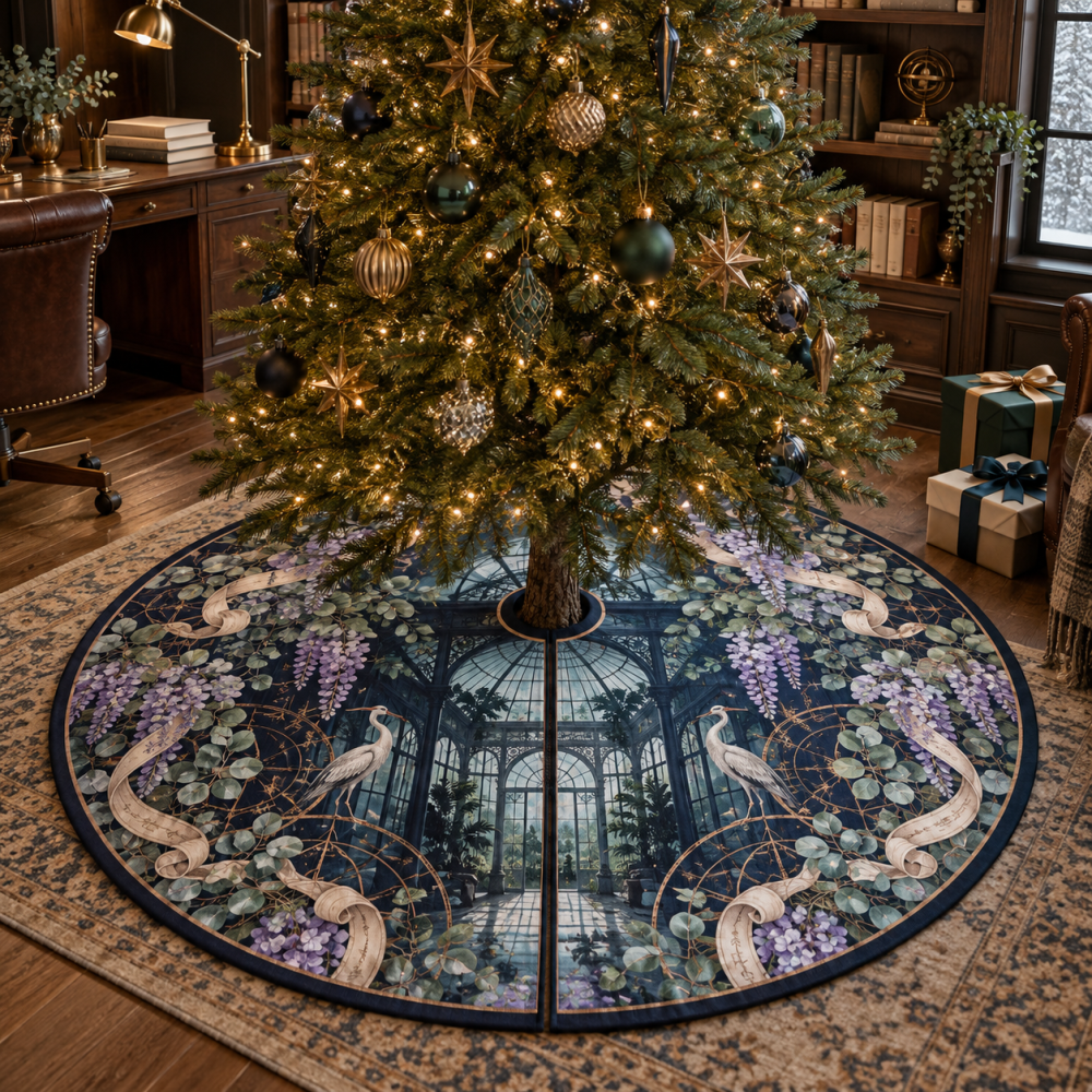 Wisteria Glasshouse Study Premium Tree Skirt — Botanical Glasshouse Christmas Tree Skirt With Detailed Print, Soft Felt, Durable Stitching