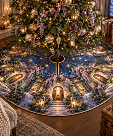 Wisteria Welcome Lantern House Holiday Tree Skirt — Charming Lantern & House Motif Christmas Tree Skirt, Soft Velvet, Easy Hook Closure