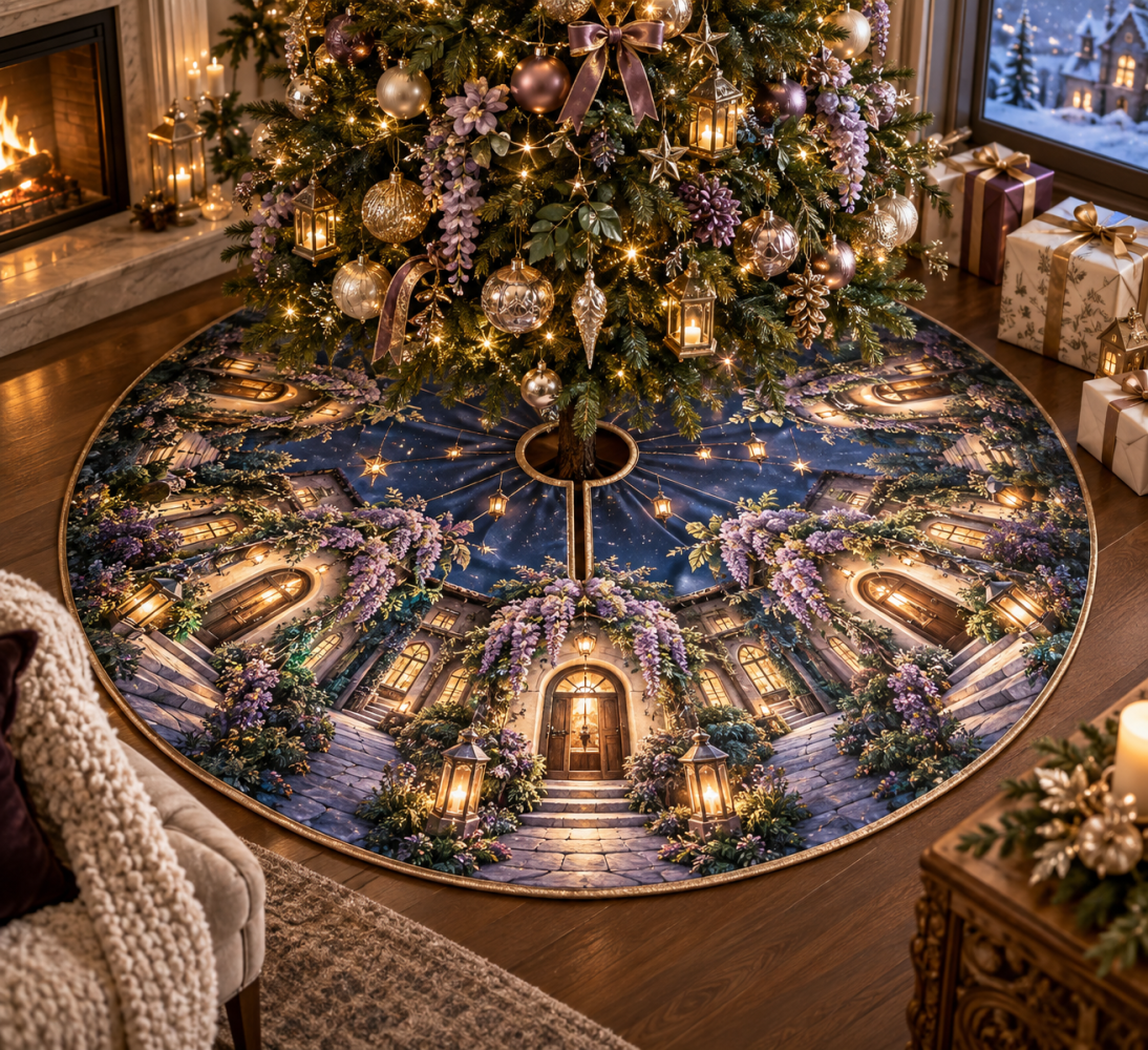Wisteria Welcome Lantern House Holiday Tree Skirt — Charming Lantern & House Motif Christmas Tree Skirt, Soft Velvet, Easy Hook Closure