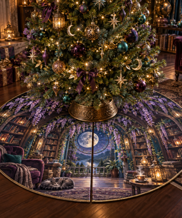 Wisteria Moonlit Reading Alcove Holiday Tree Skirt — Cozy Nighttime Floral Christmas Tree Skirt, Soft Pile, Machine Washable, Warm Ambiance