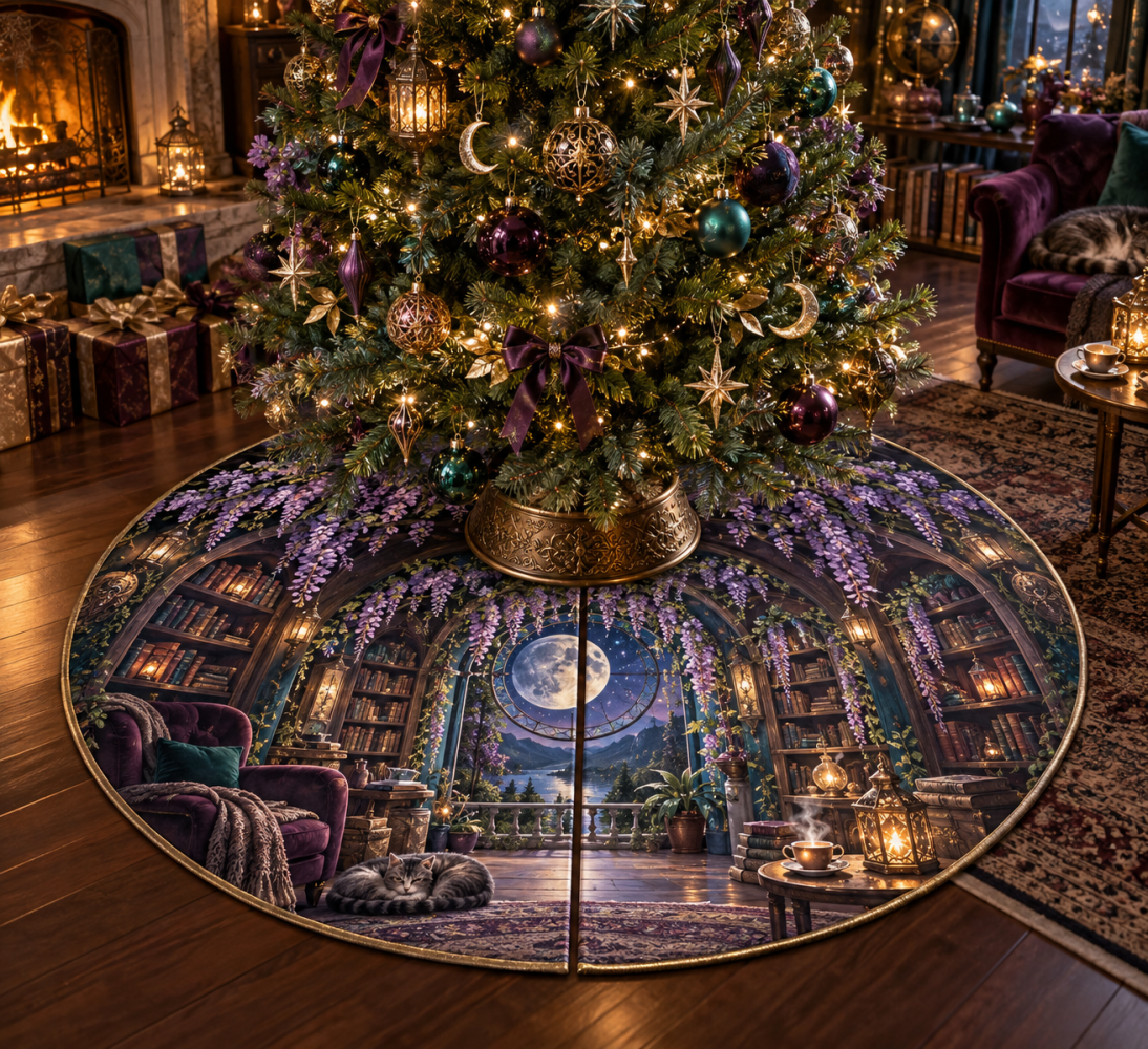 Wisteria Moonlit Reading Alcove Holiday Tree Skirt — Cozy Nighttime Floral Christmas Tree Skirt, Soft Pile, Machine Washable, Warm Ambiance
