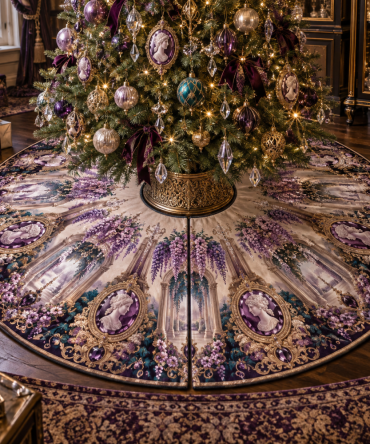 Wisteria Amethyst Cameo Luxury Tree Skirt — Jewel-Accent Christmas Tree Skirt With Amethyst Tones, Velvet Trim, Elegant Holiday Centerpiece