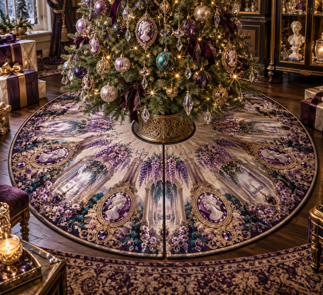 Wisteria Amethyst Cameo Luxury Tree Skirt — Jewel-Accent Christmas Tree Skirt With Amethyst Tones, Velvet Trim, Elegant Holiday Centerpiece