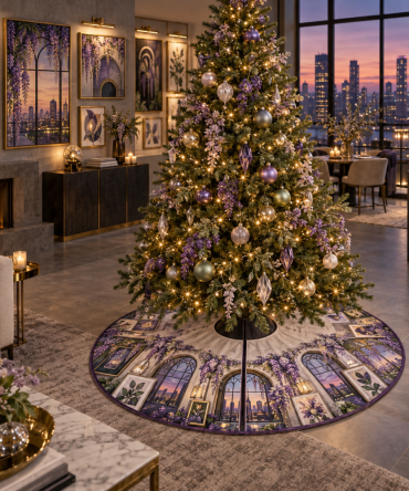 Wisteria Prism Loft Gallery Holiday Tree Skirt — Modern Art-Inspired Christmas Tree Skirt, Geometric Floral Pattern, Plush Backing