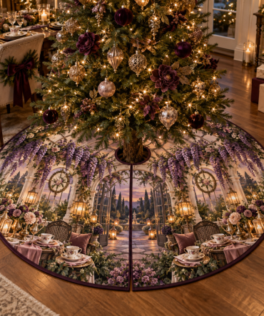 Wisteria Candlelit Welcome Holiday Tree Skirt — Romantic Floral Christmas Tree Skirt, Soft Velvet, Warm Glow Design, Easy-Care