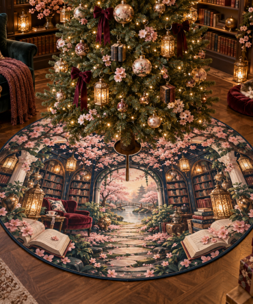 Sakura Lantern Library Alcove Classic Tree Skirt — Literary-Inspired Christmas Tree Skirt With Lantern Motif, Cozy Home Holiday Accent