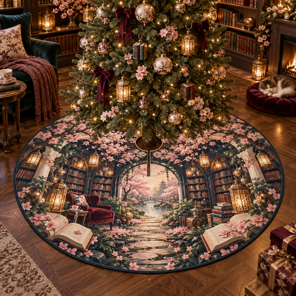 Sakura Lantern Library Alcove Classic Tree Skirt — Literary-Inspired Christmas Tree Skirt With Lantern Motif, Cozy Home Holiday Accent
