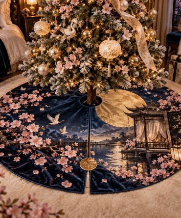 Sakura Moon-Gold Pavilion Luxury Tree Skirt — Moon Motif Christmas Tree Skirt With Metallic Threading, Plush Velvet Finish, Elegant