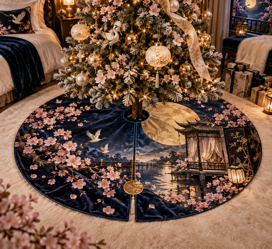 Sakura Moon-Gold Pavilion Luxury Tree Skirt — Moon Motif Christmas Tree Skirt With Metallic Threading, Plush Velvet Finish, Elegant