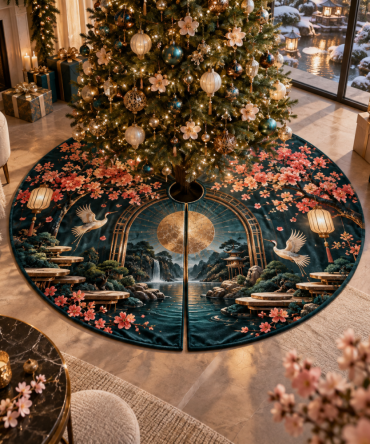 Sakura Kintsugi Sunroom Repair-Inspired Holiday Tree Skirt — Golden Accents Christmas Tree Skirt, Heirloom Look, Soft Touch Fabric