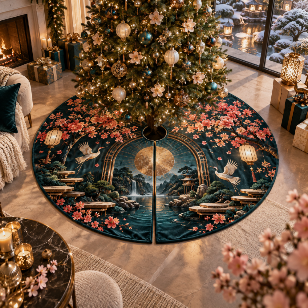 Sakura Kintsugi Sunroom Repair-Inspired Holiday Tree Skirt — Golden Accents Christmas Tree Skirt, Heirloom Look, Soft Touch Fabric