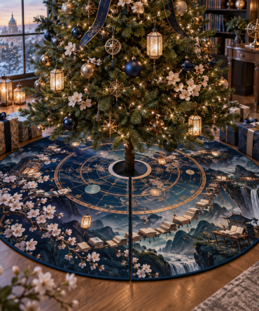 Sakura Astrolabe Study Holiday Tree Skirt — Vintage Star Map Christmas Tree Skirt, Embroidered Detailing, Premium Felt Backing