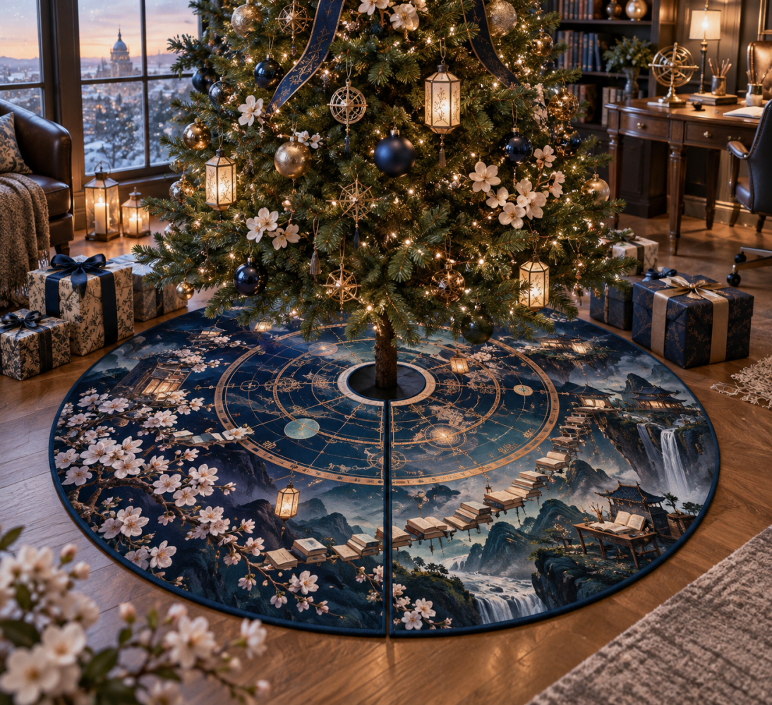 Sakura Astrolabe Study Holiday Tree Skirt — Vintage Star Map Christmas Tree Skirt, Embroidered Detailing, Premium Felt Backing