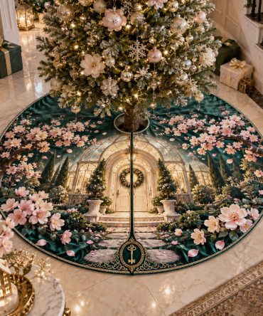 Sakura Keyhouse Welcome Luxury Christmas Tree Skirt — Elegant Entryway Tree Skirt, Durable Fabric, Easy-On Closure, Timeless Decor