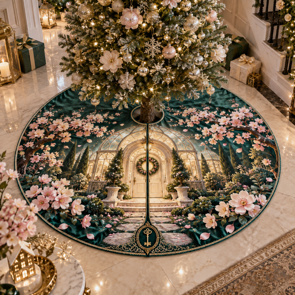 Sakura Keyhouse Welcome Luxury Christmas Tree Skirt — Elegant Entryway Tree Skirt, Durable Fabric, Easy-On Closure, Timeless Decor