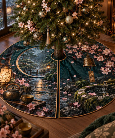 Sakura Rainlight Nook Decorative Tree Skirt — Watercolor Floral Christmas Tree Skirt, Soft Velvet, Non-Slip Backing, Cozy