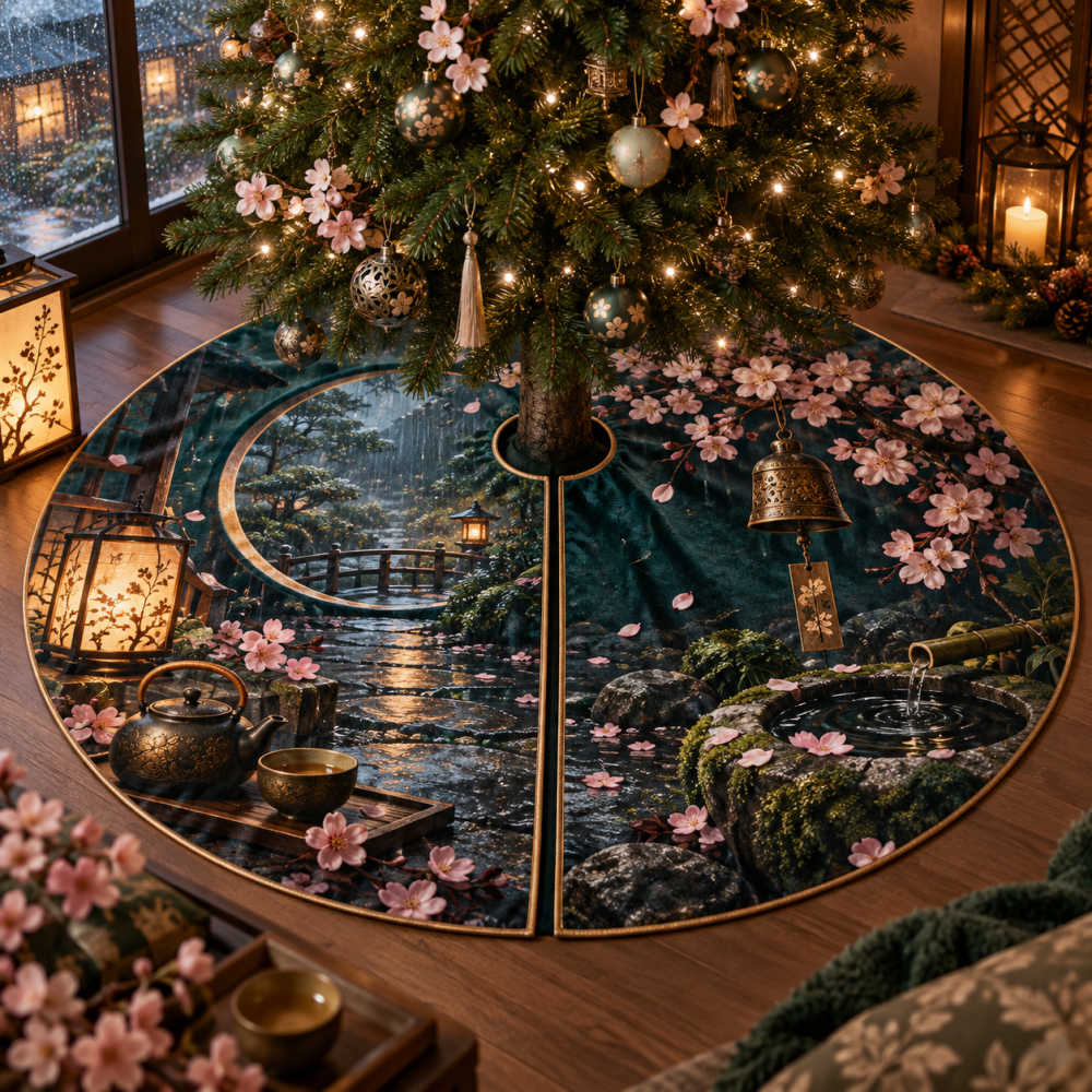 Sakura Rainlight Nook Decorative Tree Skirt — Watercolor Floral Christmas Tree Skirt, Soft Velvet, Non-Slip Backing, Cozy