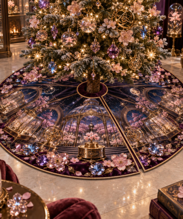 Handcrafted Sakura Birthstone Curio Holiday Tree Skirt — Jewel-Tone Christmas Tree Skirt With Intricate Embroidery, Gift-Ready