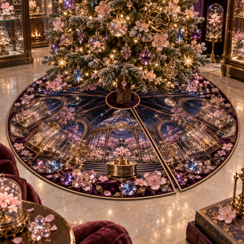 Handcrafted Sakura Birthstone Curio Holiday Tree Skirt — Jewel-Tone Christmas Tree Skirt With Intricate Embroidery, Gift-Ready