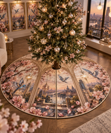 Luxurious Sakura Prism Holiday Tree Skirt — Plush Floral Christmas Tree Skirt For Living Room, Machine-Washable, Elegant Decor