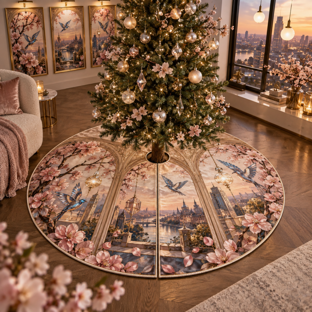 Luxurious Sakura Prism Holiday Tree Skirt — Plush Floral Christmas Tree Skirt For Living Room, Machine-Washable, Elegant Decor