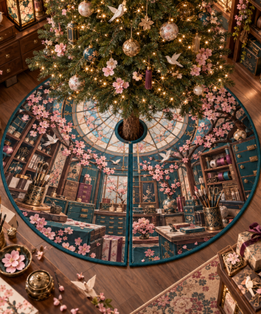Sakura Maker Atelier Floral Tree Skirt — Artisan Cherry Blossom Christmas Tree Skirt, Premium Fabric And Embroidery, Perfect Holiday Gift