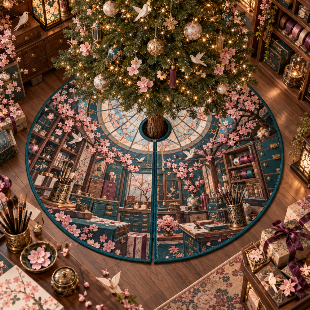 Sakura Maker Atelier Floral Tree Skirt — Artisan Cherry Blossom Christmas Tree Skirt, Premium Fabric And Embroidery, Perfect Holiday Gift