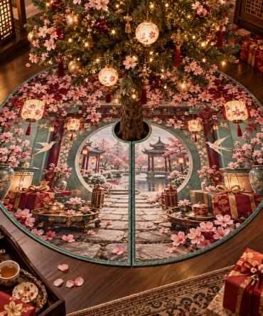 Sakura Welcome Courtyard Christmas Tree Skirt — Cherry Blossom Floral Tree Skirt, Soft Pastel Holiday Decor, Ideal For Entryway