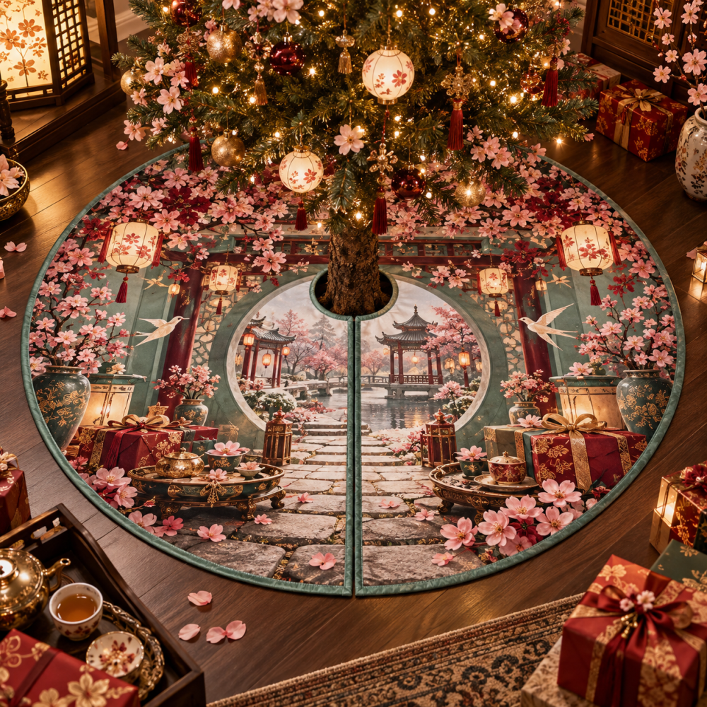 Sakura Welcome Courtyard Christmas Tree Skirt — Cherry Blossom Floral Tree Skirt, Soft Pastel Holiday Decor, Ideal For Entryway