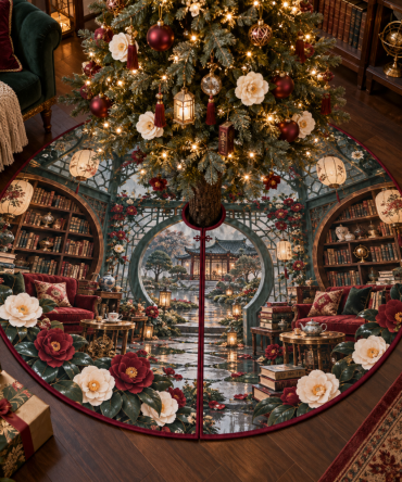 Camellia Moonwindow Elegant Tree Skirt — Lunar Floral Christmas Tree Skirt, Soft Luxury Fabric & Delicate Embroidery For Cozy Rooms