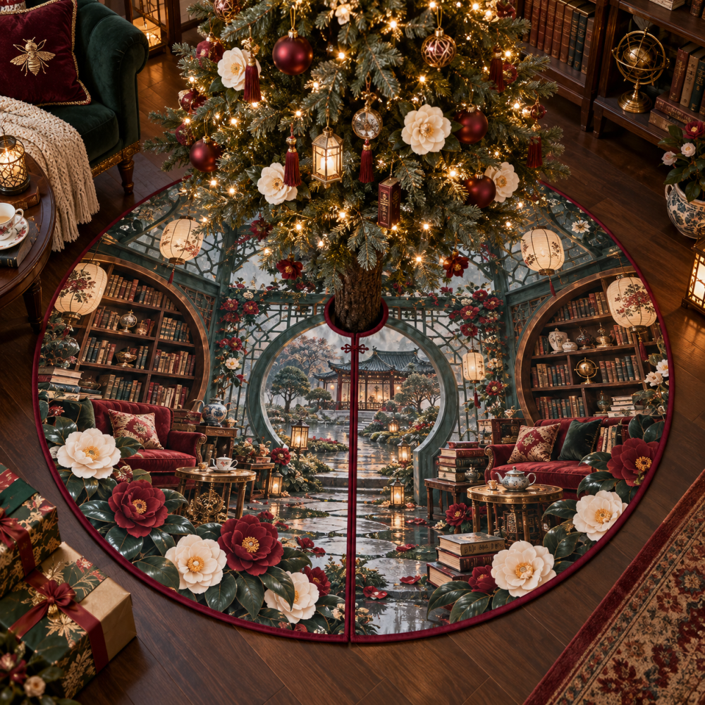 Camellia Moonwindow Elegant Tree Skirt — Lunar Floral Christmas Tree Skirt, Soft Luxury Fabric & Delicate Embroidery For Cozy Rooms