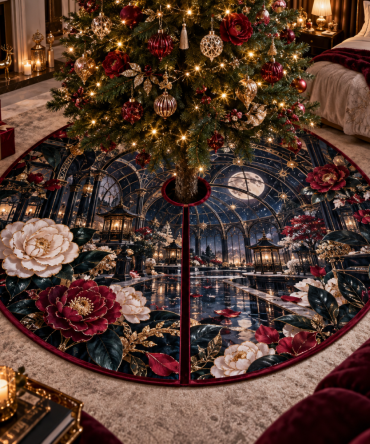 Camellia Nocturne Premium Christmas Tree Skirt — Midnight Floral Holiday Tree Skirt, Deep-Tone Velvet Look With Subtle Embroidery
