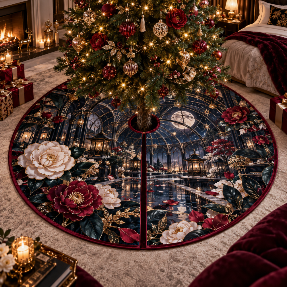 Camellia Nocturne Premium Christmas Tree Skirt — Midnight Floral Holiday Tree Skirt, Deep-Tone Velvet Look With Subtle Embroidery