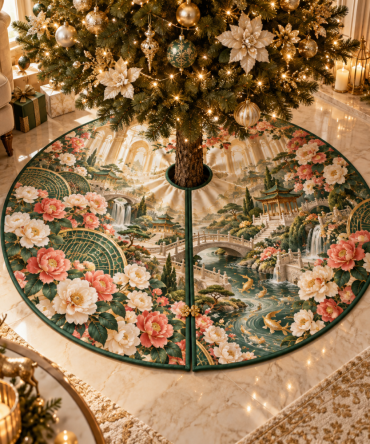 Camellia Jade Cascade Holiday Tree Skirt — Emerald Floral Christmas Tree Skirt, Luxurious Texture & Embroidery For Elegant Decor
