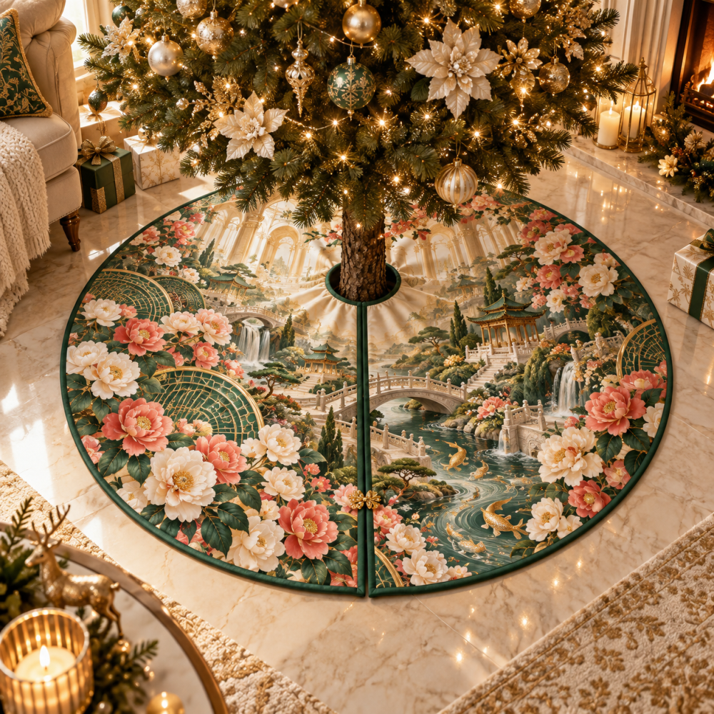 Camellia Jade Cascade Holiday Tree Skirt — Emerald Floral Christmas Tree Skirt, Luxurious Texture & Embroidery For Elegant Decor