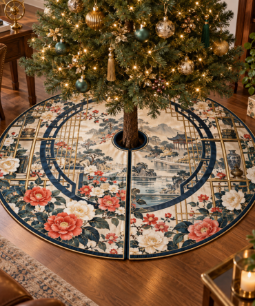 Camellia Scholar Window Christmas Tree Skirt — Refined Floral Tree Skirt, Classic Holiday Decor With Intricate Stitching, Perfect For Study