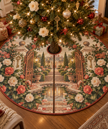 Camellia Hearthgate Luxury Tree Skirt — Hearthside Floral Christmas Tree Skirt, Plush Velvet Look With Elegant Embroidery For Holiday Homes